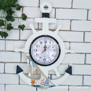 地中海创意时钟客厅卧室家居装饰静音大挂钟船舵钟表壁饰挂件木质