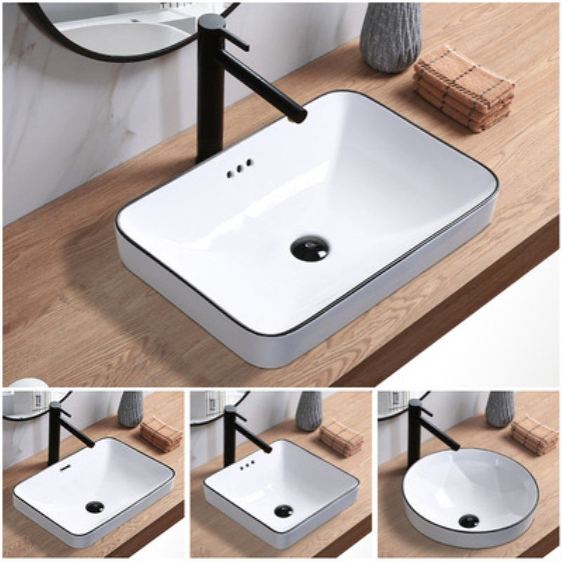三孔台中盆半嵌入式洗脸盆黑线北欧浴室洗手盆长方形面盆K-5373T