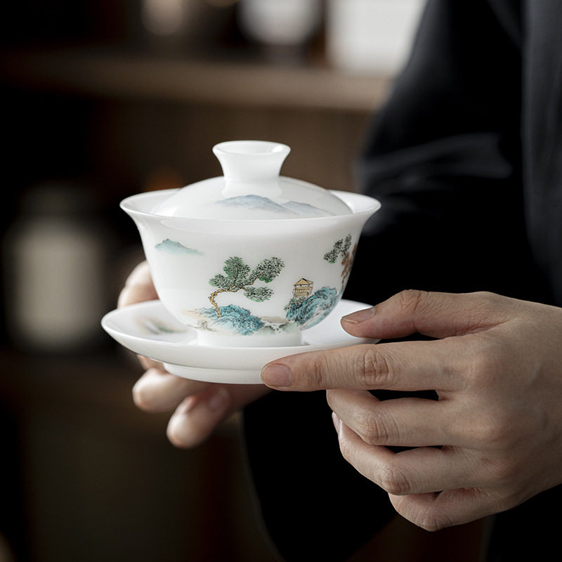 白哲玉泥手绘山水盖碗茶杯家用高档陶瓷三才泡茶碗白瓷茶具套装