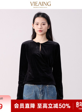VIEA.ING薇迎丝绒衬衫女2025冬季新款黑色圆领衬衣镂空设计感上衣