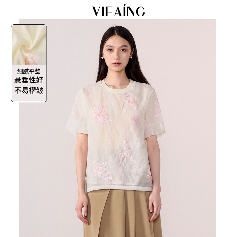 VIEA.ING薇迎短袖衬衫女2025夏季新款休闲刺绣蕾丝衬衣网纱上衣