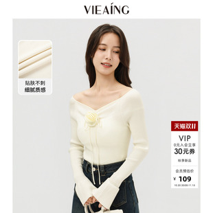 VIEA.ING薇迎商场同款一字肩毛衣女2026秋季含羊毛针织衫挂脖上衣