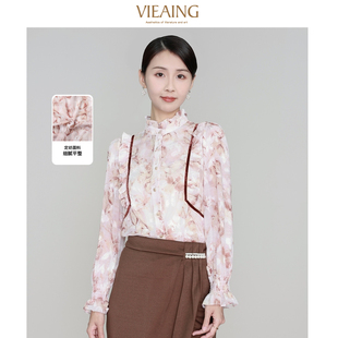 长袖 VIEA.ING薇迎早秋休闲显瘦肩线荷叶边印花衬衫 上衣女