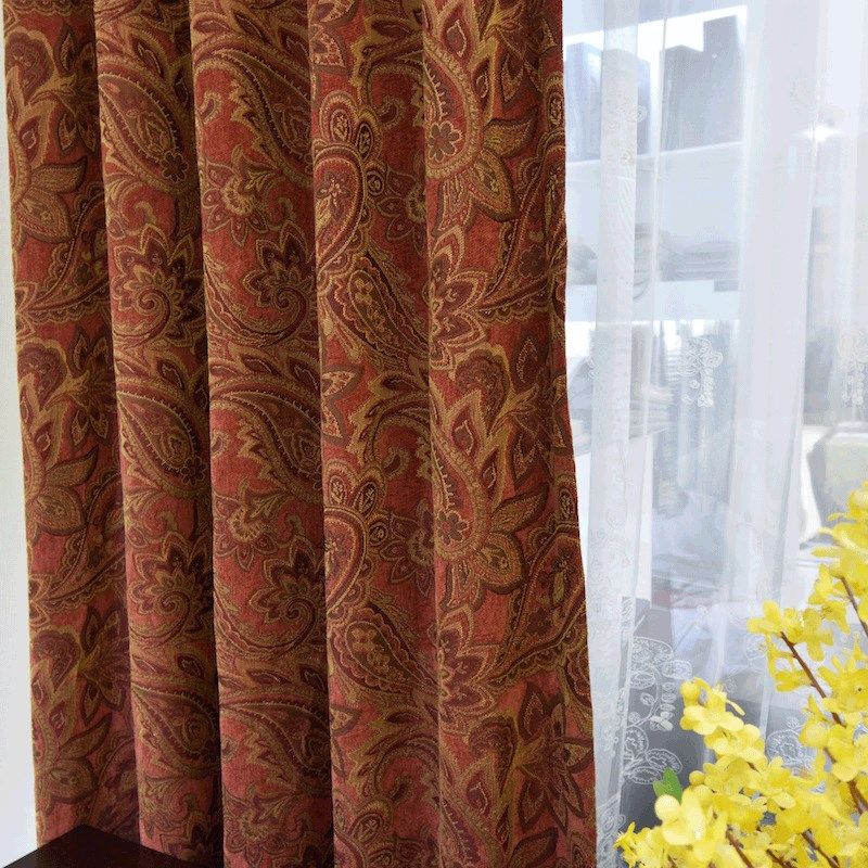 圣奇尼雪尼尔提花别墅暗红色美式窗帘客厅奢华复古美