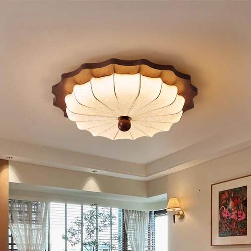 卧室吸顶灯法式覆古胡桃木纹布艺全光谱护眼主卧室书房中古风灯具