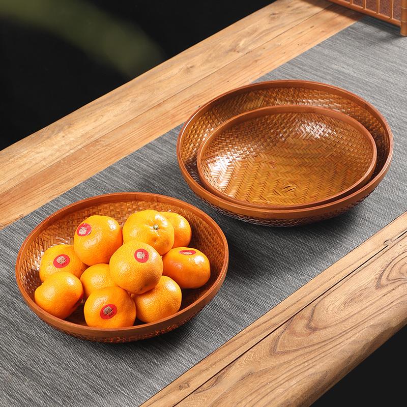 手工竹编大漆水果篮家用圆形桌面收纳筐覆古中式编织竹篮子茶点盘