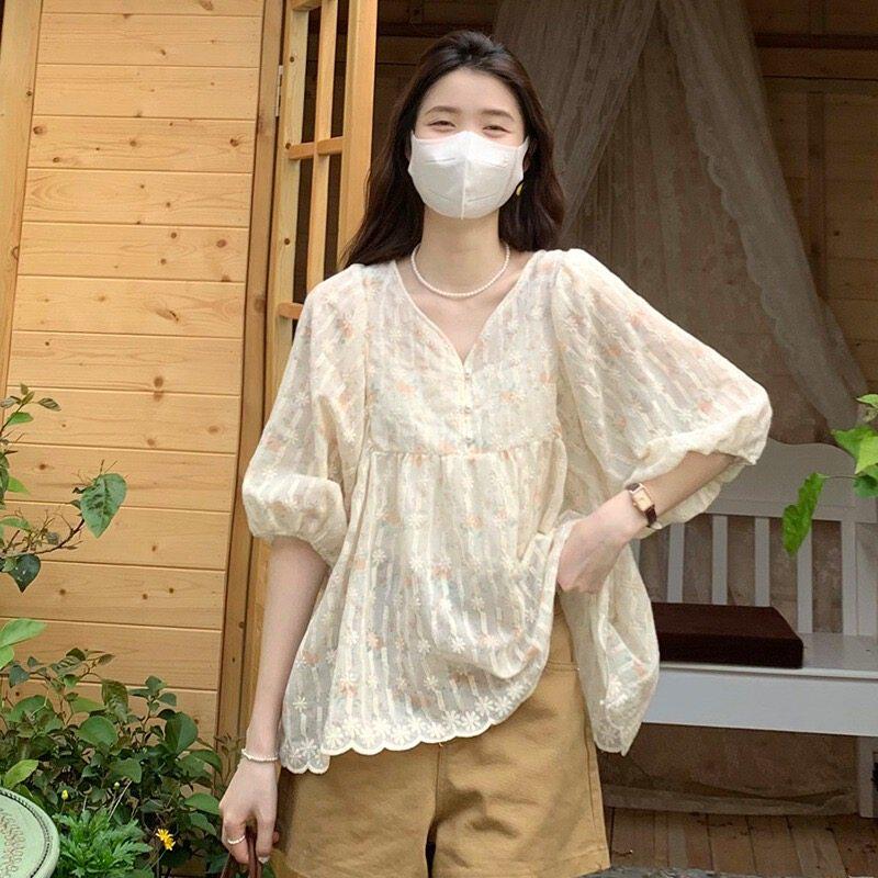 大码女装夏季法式V领娃娃衫蕾丝雪纺短袖衬衫胖mm遮肚子显瘦上衣