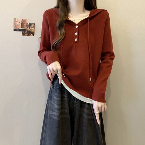 安可拉红连帽卫衣女早春季大码胖mm显瘦假两件chic上衣长袖针织衫