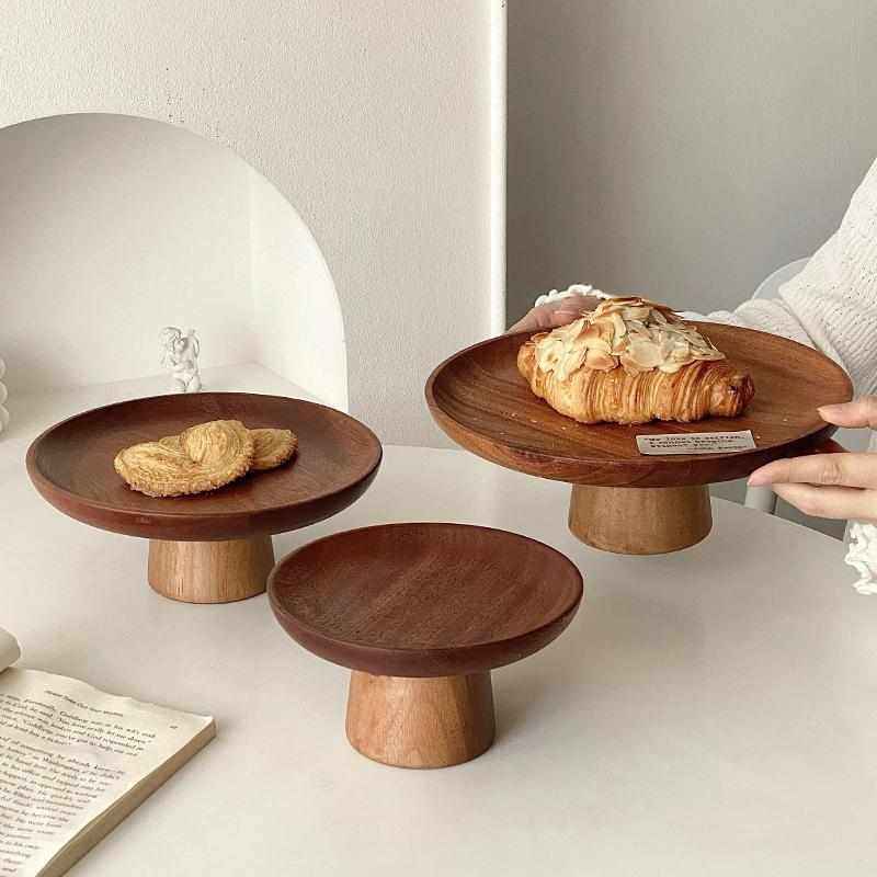 复古木质高脚盘客厅茶几家用水果点心零食盘蛋糕托盘甜品台展示架