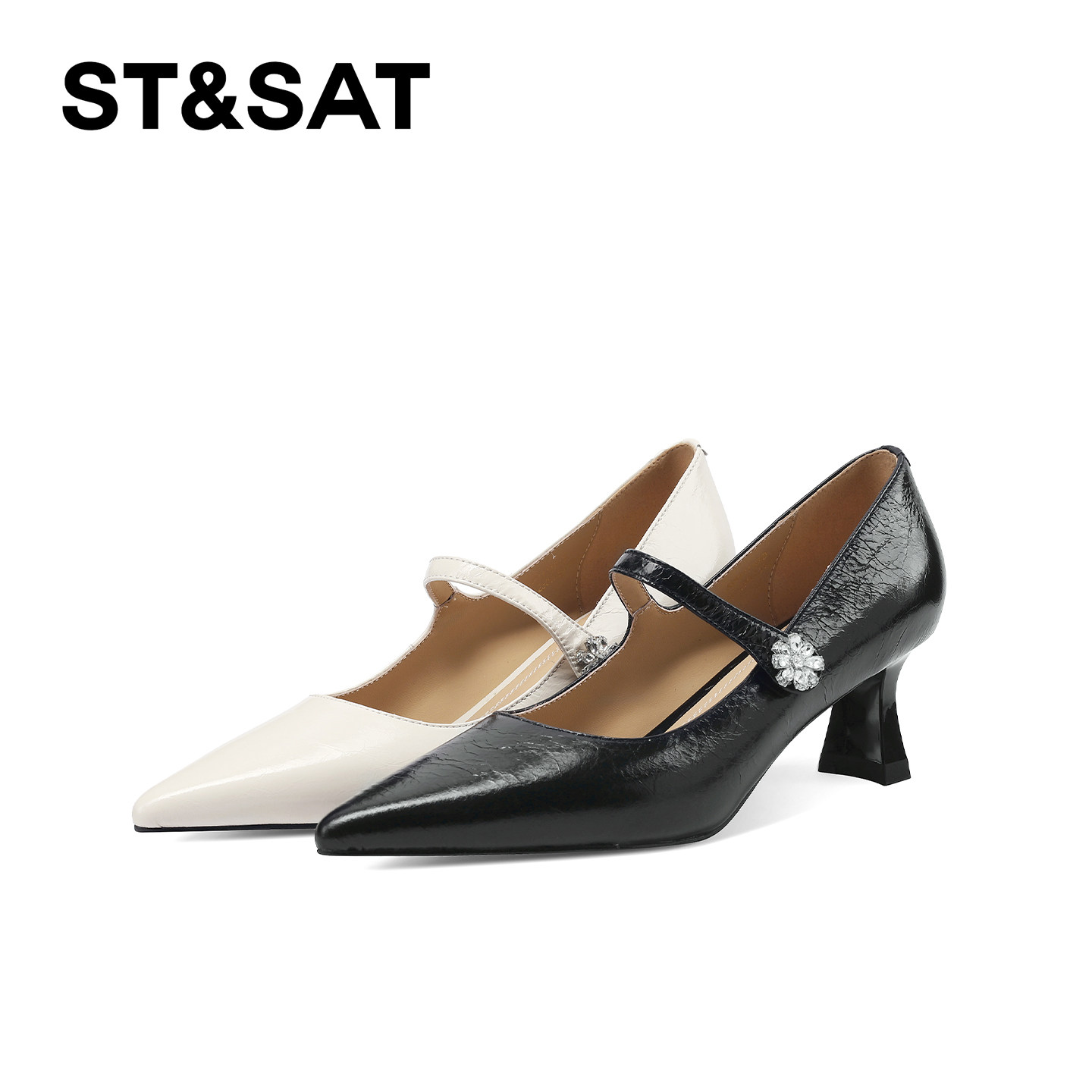 St&Sat/星期六百搭气质浅口单鞋女尖头中跟时尚粗跟法式玛丽珍鞋