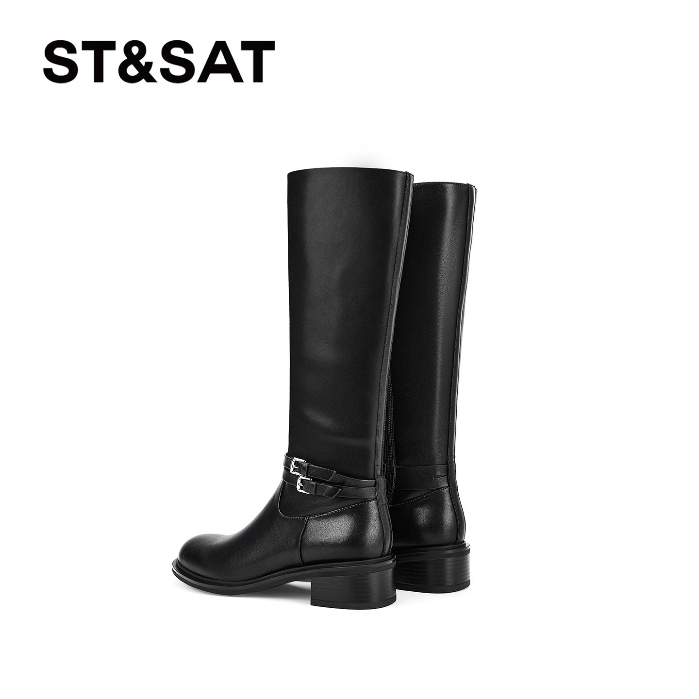 St&Sat/星期六百搭时尚中筒靴中跟秋冬时装靴粗跟圆头气质骑士靴