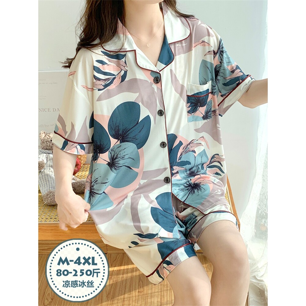 蕉树夏季薄款冰丝睡衣女夏天加肥睡衣/家居服套装