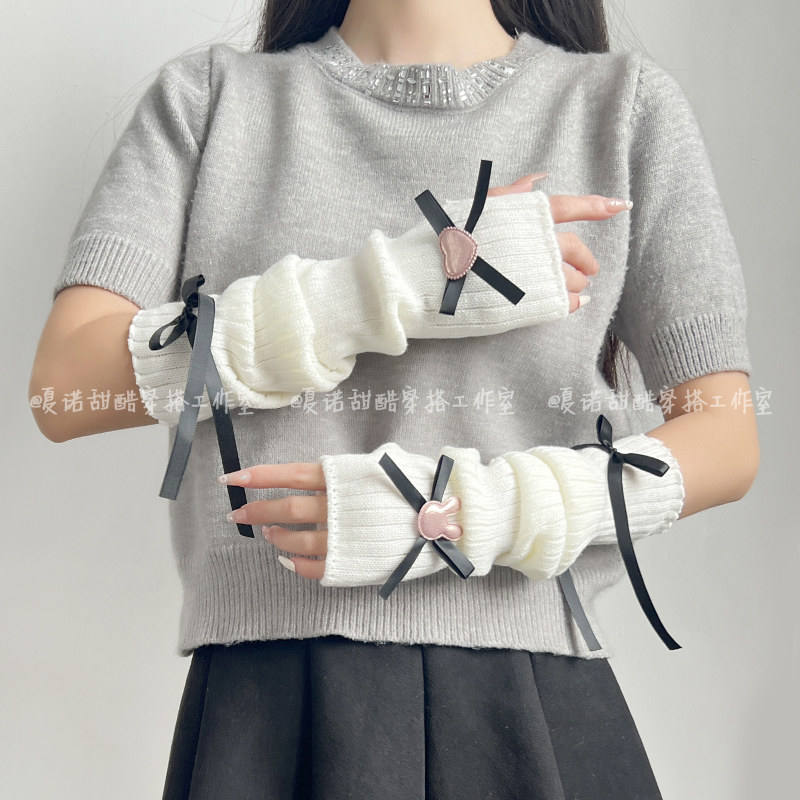 蝴蝶结假袖子萌系半指手套女毛线女生辣妹丝带袖套亚文化手臂套