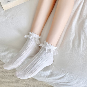 夏诺秀彩jk洛丽塔短袜子女日系可爱软妹少女中筒袜夏花边薄船袜
