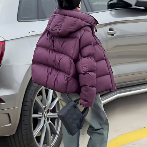 龟背紫色羽绒服女短款2025冬季新款90白鸭绒连帽泡芙厚面包服外套