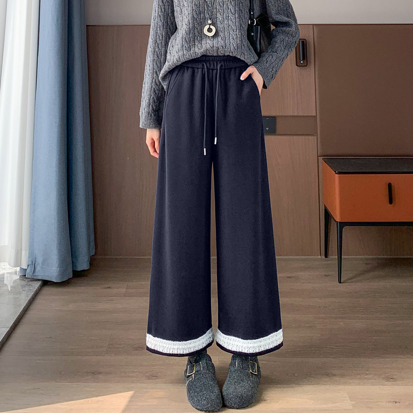 蜜糖之城高腰松紧显瘦直筒花边针织阔腿女慵懒遮肉秋冬新款休闲裤