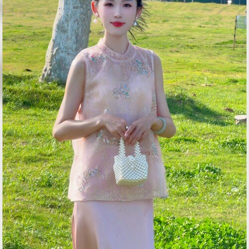 新中式国风晶奢亮片珠绣高级感无袖上衣半身裙套装两件套时尚百搭