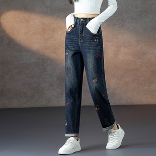 深色直筒老爹裤 高腰宽松显瘦哈伦裤 女秋冬新款 蜜糖之城刺绣牛仔裤