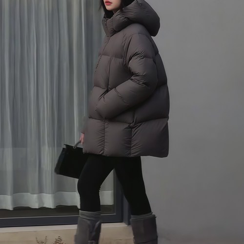 灰色泡芙羽绒服女中长款2025冬季新90白鸭绒连帽小个子面包服外套