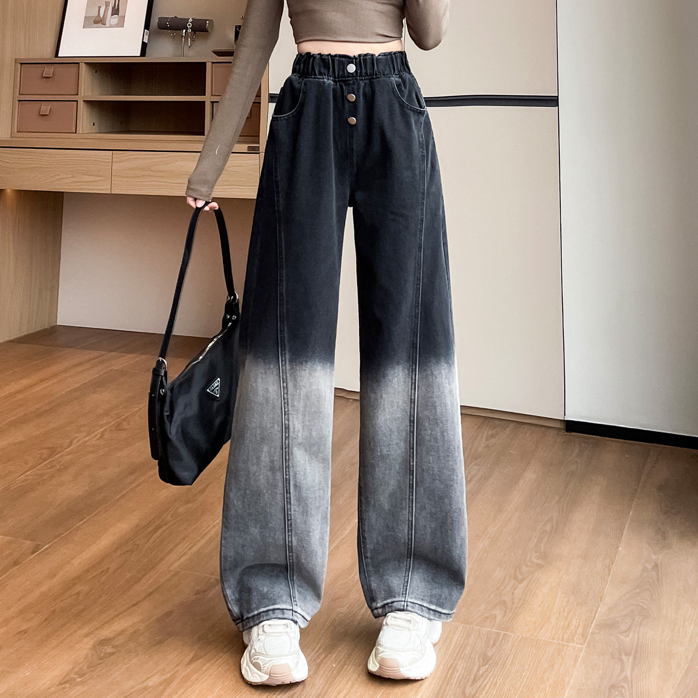 蜜糖之城渐变黑色阔腿牛仔裤女春季2026新款高腰高个子加长直筒裤