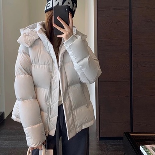 露露LuLu同款白色短款羽绒服女冬季连帽收腰加厚白鸭绒面包服外套