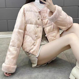 新中式国风圆领提花盘扣羽绒服女2025冬装新款拼接短款小个子外套