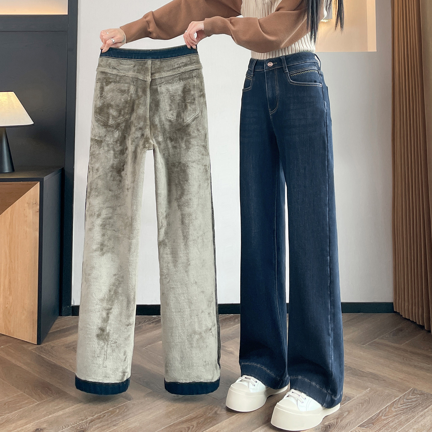 蜜糖之城雪狐绒加绒加厚阔腿牛仔裤女秋冬2025新款高腰垂感直筒裤