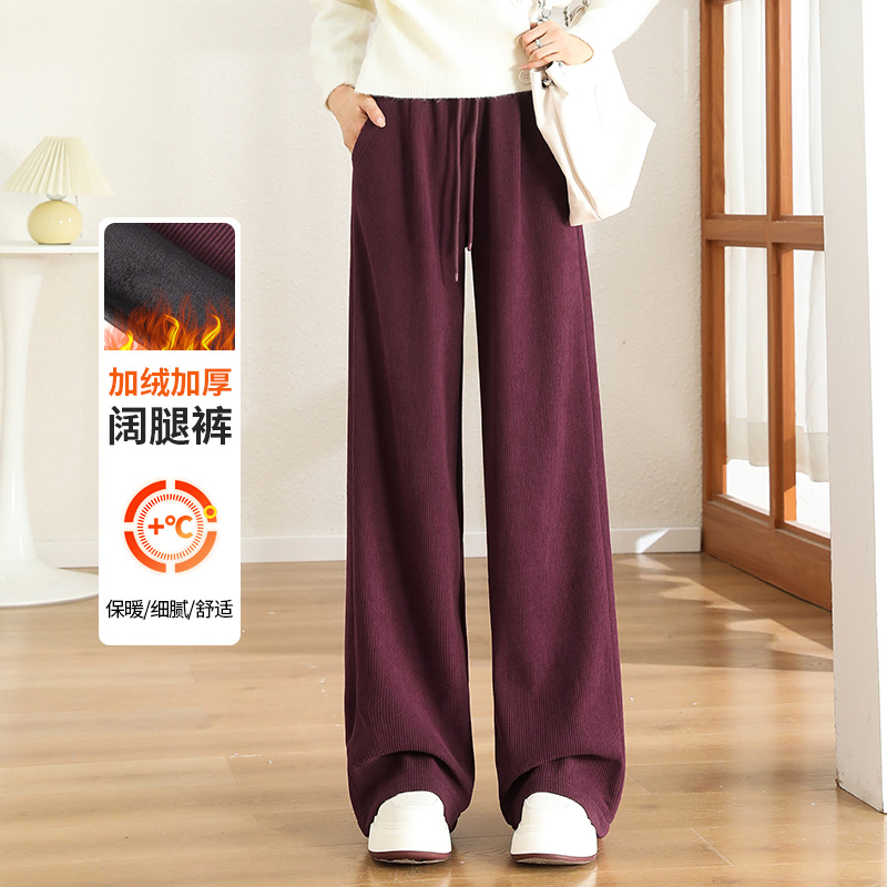 加绒加厚毛呢裤子女秋冬阔腿裤女宽松直筒运动休闲女裤
