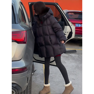 黑色泡芙羽绒服女中长款2025冬季新90白鸭绒连帽小个子面包服外套