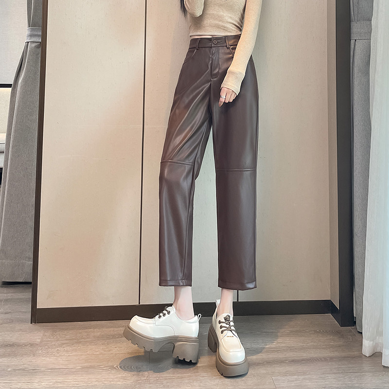 蜜糖之城小个子柔软仿真皮宽松后腰松紧小直筒加绒pu皮裤女休闲裤,女装/女士精品,休闲裤,淘宝优惠券,粉丝福利购,淘宝优惠卷