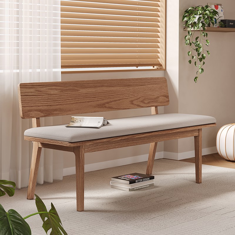 实木长条凳带靠背家用餐桌软包坐垫长凳简约吃饭长椅白蜡木换鞋凳