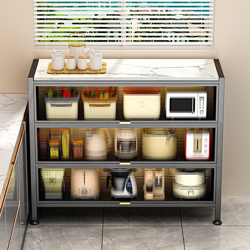 岩板厨房置物架落地多功能微波炉收纳柜多层家用切菜餐边碗储物柜