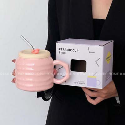 趣皿粉嫩少女心带盖带吸管马克杯陶瓷杯家用办公室喝水杯子咖啡杯