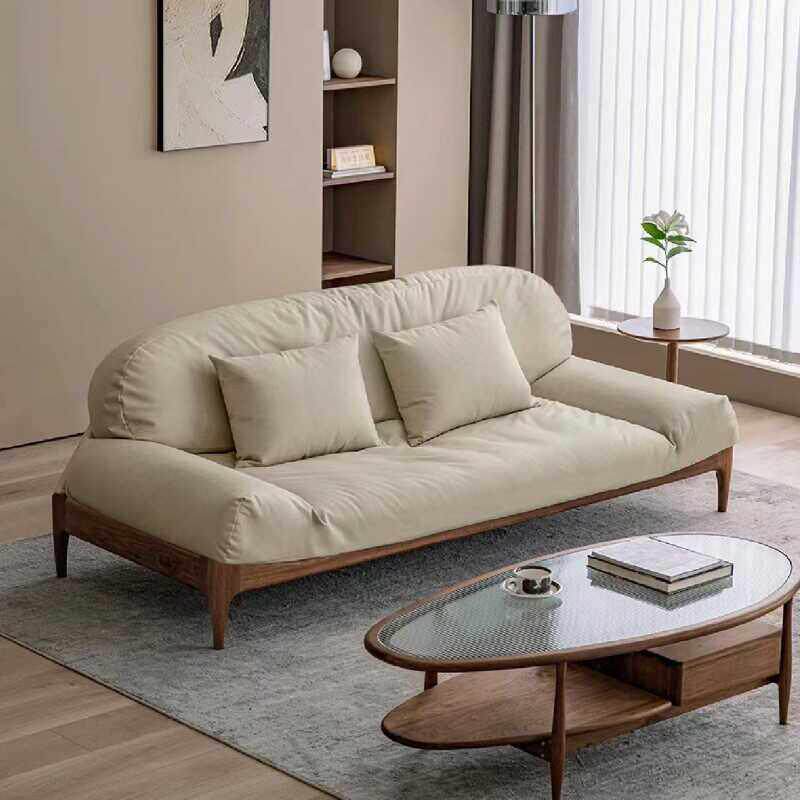 北美胡桃色小户型实木沙发懒人覆古布艺沙发休闲 免洗简约皮艺沙