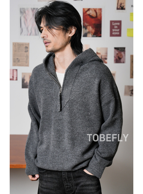 Tobefly复古半拉链纯色连帽毛衣25冬季新款慵懒休闲针织衫XJ2642