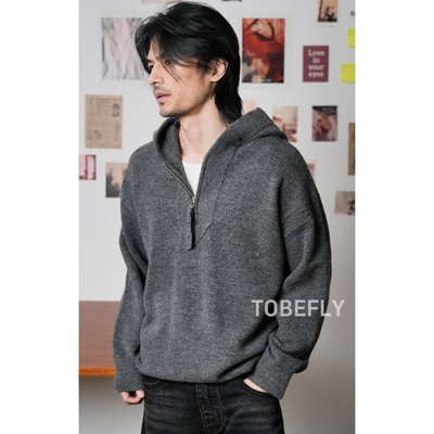 Tobefly复古半拉链纯色连帽毛衣