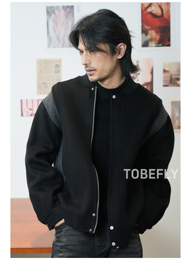 Tobefly100绵羊毛棒球领拼色双面呢夹克25冬季百搭休闲外套95370