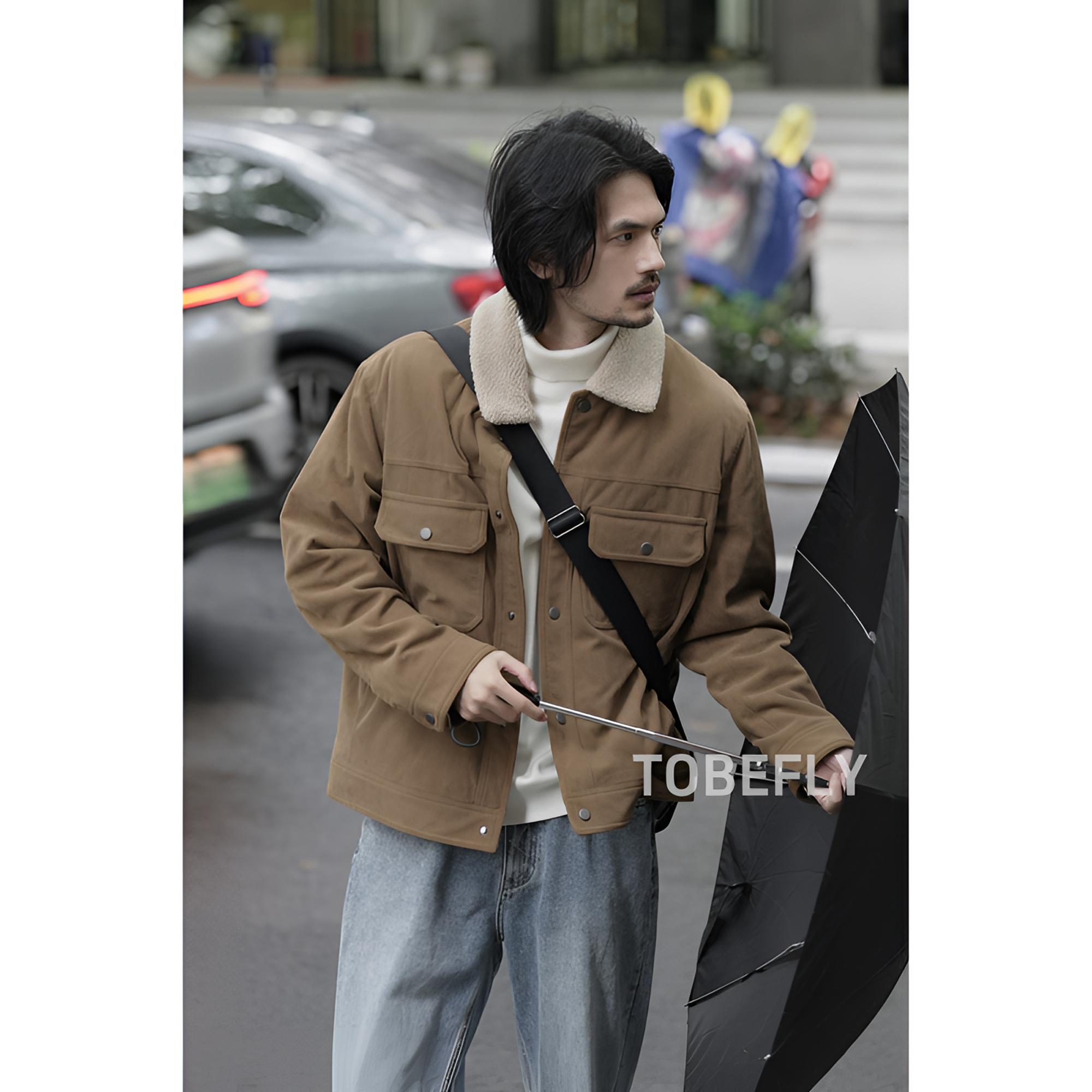 Tobefly美式复古灯芯条翻领棉服