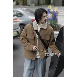 Tobefly美式复古灯芯条翻领工装夹克25秋冬新款保暖棉服外套2338
