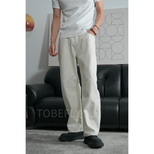 Tobefly小弯刀半松紧腰黑牛白牛男纯棉直筒宽松简约牛仔长裤 9004
