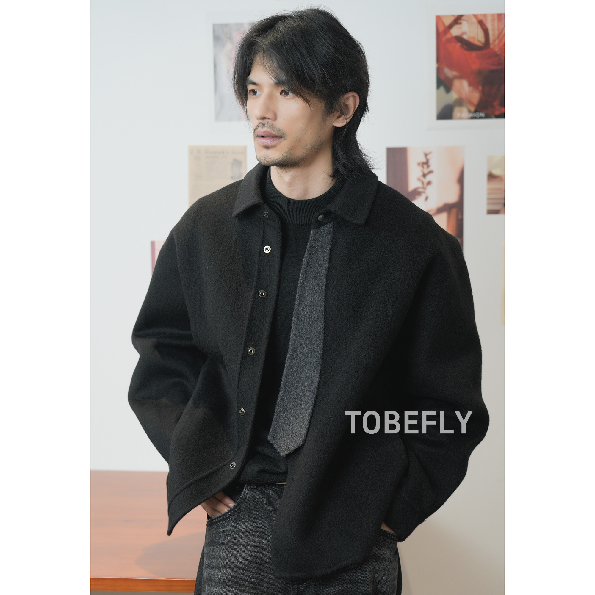 Tobefly100绵羊毛领带装饰双面呢夹克冬季行政通勤毛呢外套95204