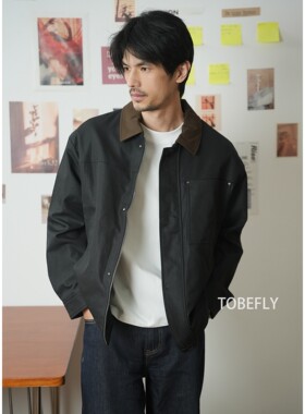 Tobefly美式复古斜纹提花撞色翻领夹克春季新款工装休闲外套2666