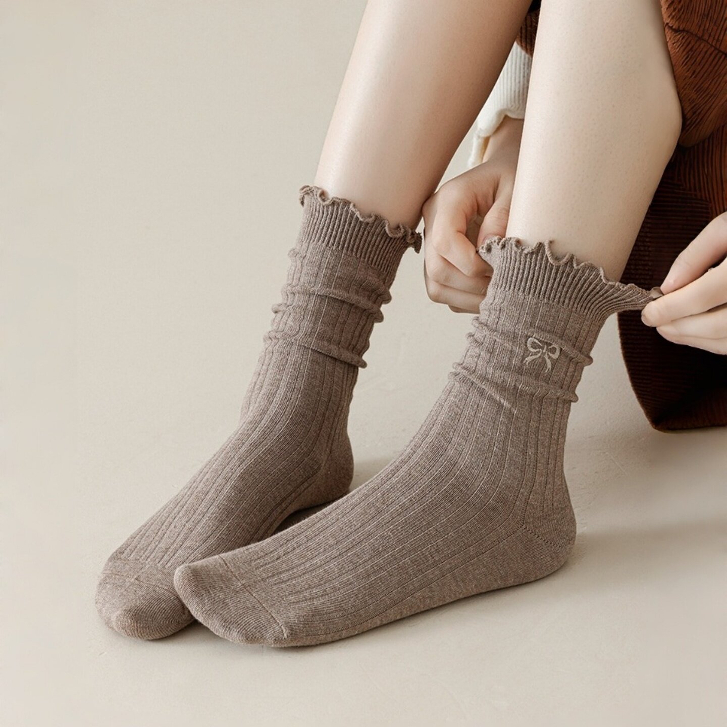 浅咖色堆堆袜子女款纯棉春夏季薄款新疆长绒棉配小皮鞋抗菌中筒袜