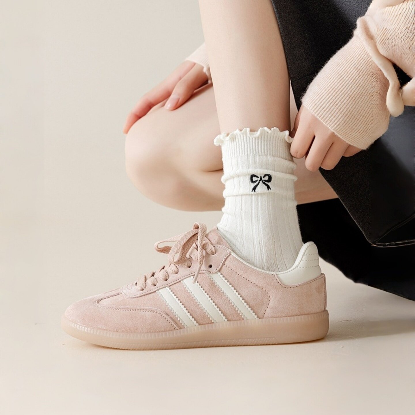 木耳边白色堆堆袜子女款春夏薄款中筒袜新疆长绒棉纯棉抗菌吸汗