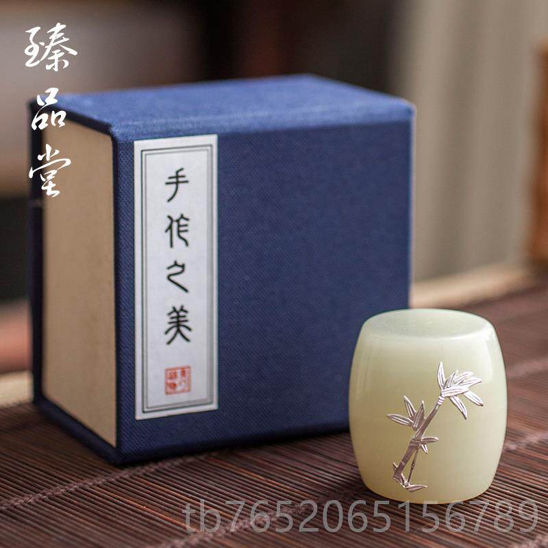 正品雕臻品堂镶银花玉石盖置陶瓷茶小壶盖子托盖碗盖托茶席功 夫
