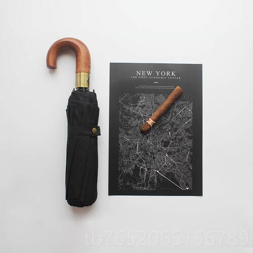 正品英伦0绅士复纯木弯钩加大30T加厚伞布全自实动三折叠男女士古