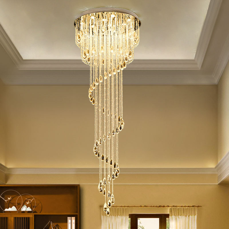 楼梯吊灯 复式楼 旋转别墅复式客厅楼中楼梯灯长现代简约水晶吊灯