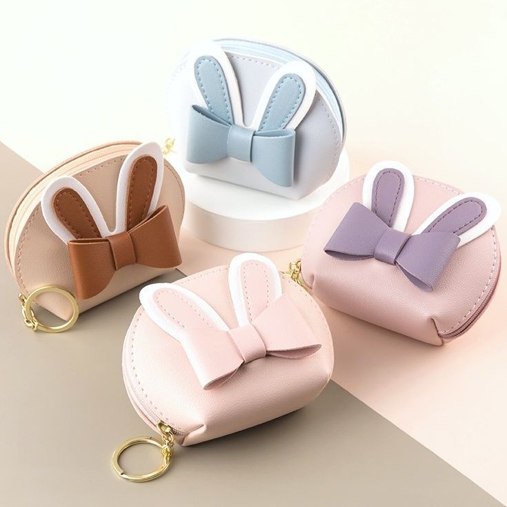 可爱零钱包撞色简约拉链钥匙扣卡包蝴蝶结PU小钱包挂件口红收纳包