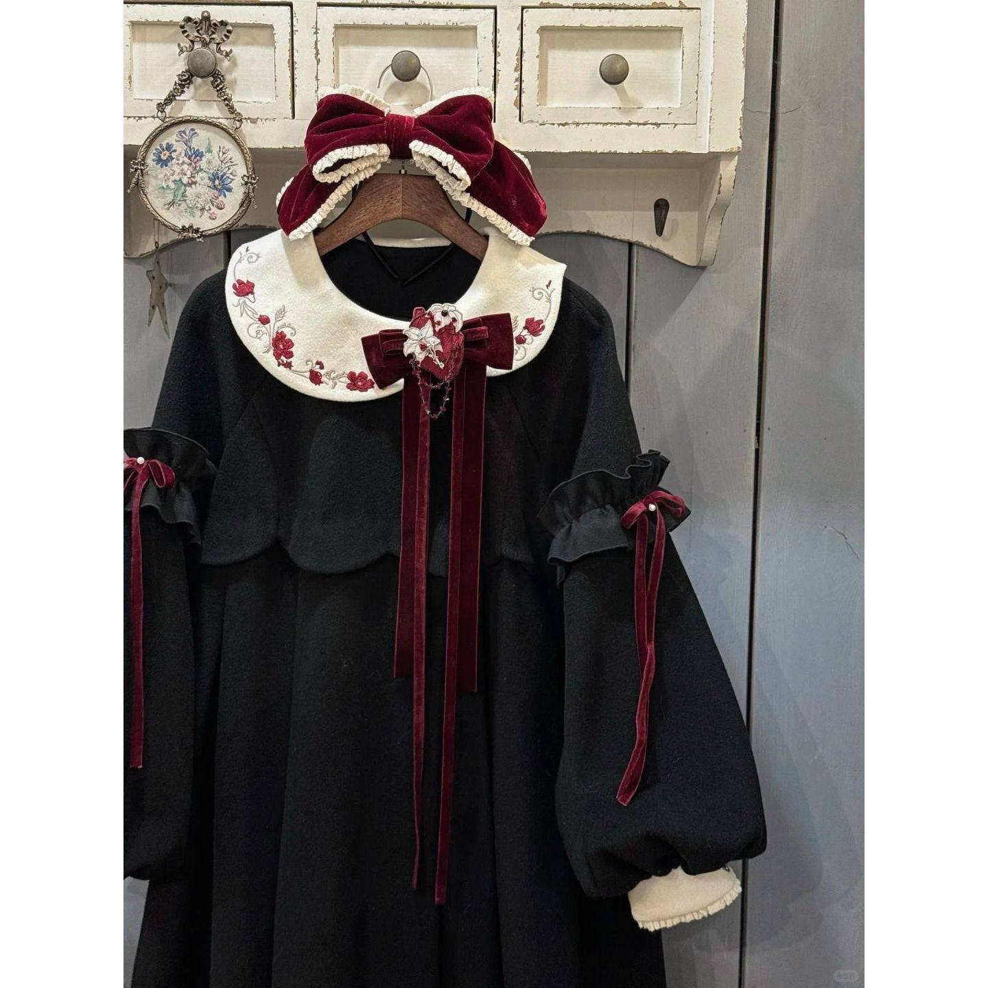 日系黑色Lolita洛丽塔毛呢外套女日系宽松蝴蝶结可爱氛围感大衣冬,女装/女士精品,毛呢外套,淘宝优惠券,粉丝福利购,淘宝优惠卷