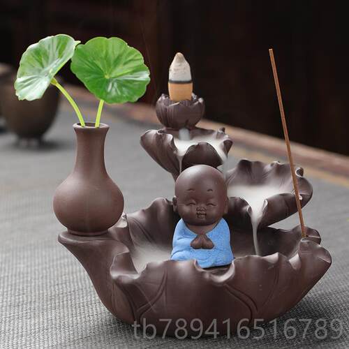 高档宇轩创意摆小花器禅意花插倒流香炉砂禅莲小和尚陶瓷家居紫公